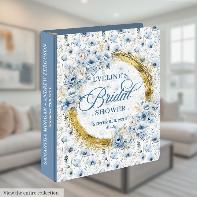 Classeur Aquarelle Bleu Bleu Or Fleurs sauvages Nuptiale (Watercolor Light Blue Gold Wild Flowers Bridal 3 ring binder)