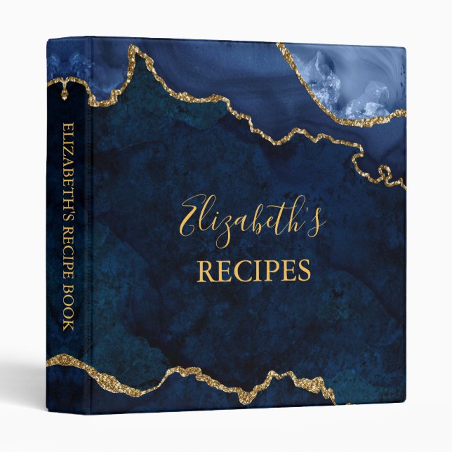 Classeur Aquarelle Bleu Marbre Or Agate Géode Recette (Devant/Côté)