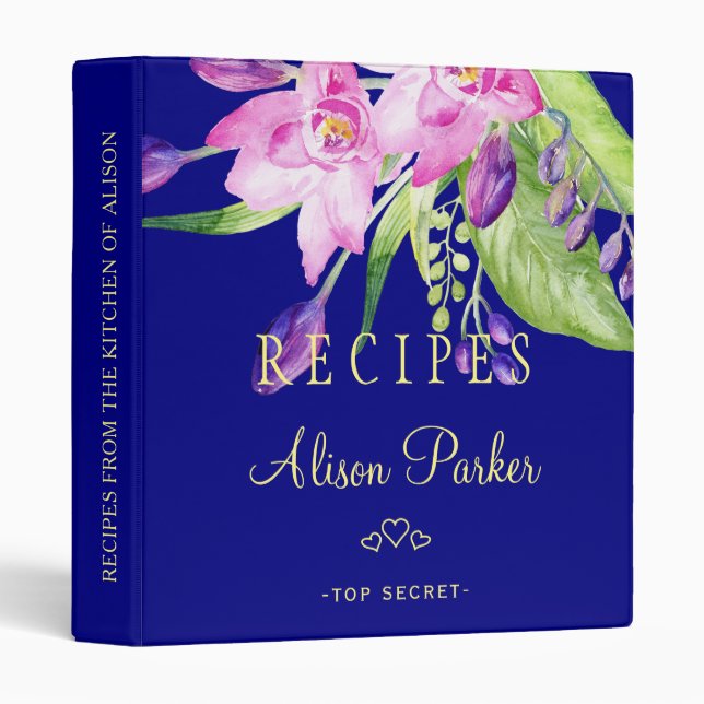 Classeur Aquarelle bleu marine bouquet de prune élégantes r (Devant/Côté)