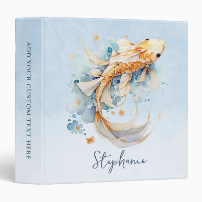 Classeur Aquarelle bleu or Koi poisson personnalisé (Devant/Côté)