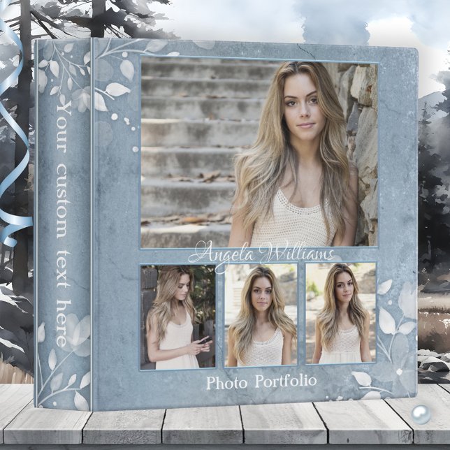 Classeur Aquarelle bleu pâle Floral Photo Portfolio Classeu (Elegant binder featuring your own photos framed by a dusty blue and dreamy grey floral art design)
