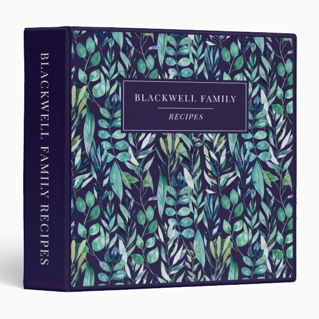 Classeur Aquarelle bleu vert Feuille recette botanique (Devant/Côté)