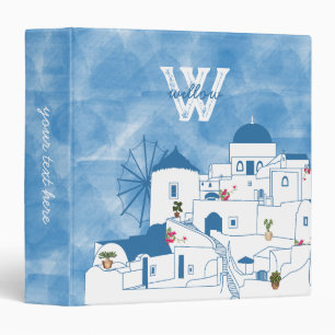 Classeur Aquarelle bleue et blanche Santorin Grèce Monogram