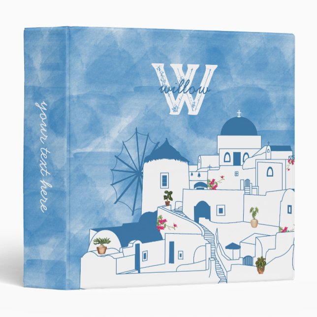 Classeur Aquarelle bleue et blanche Santorin Grèce Monogram (Devant/Côté)