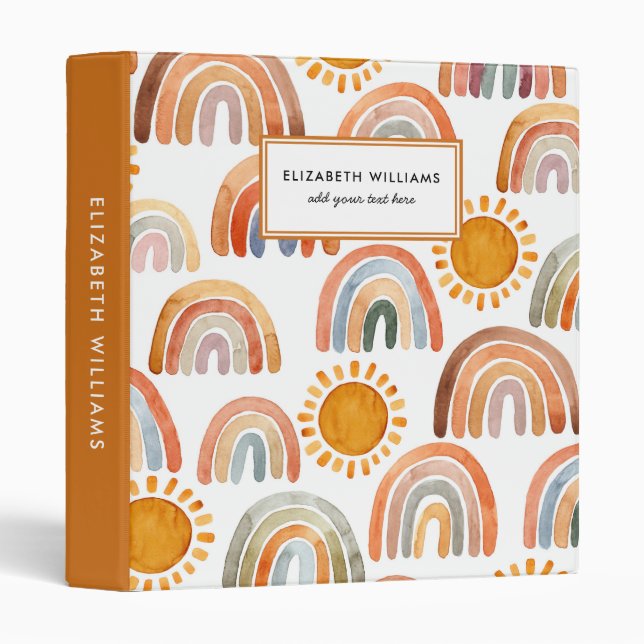 Classeur Aquarelle Boho Arc-en-ciel et enfants soleil (Devant/Côté)