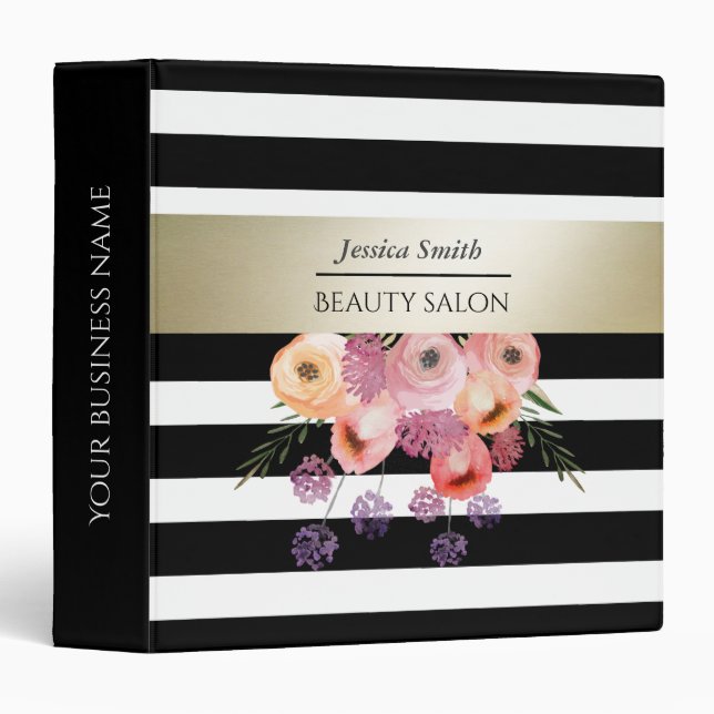 Classeur Aquarelle boho floral or noir blanc rayures (Devant/Côté)