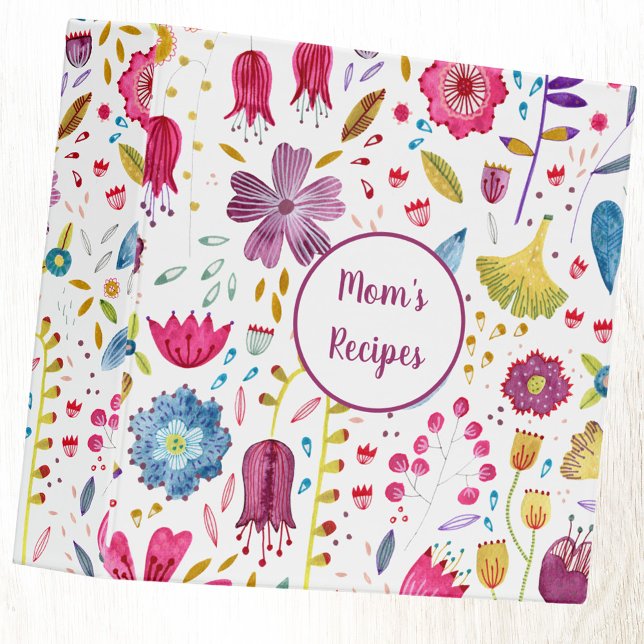 Classeur Aquarelle Botanique Floral Hérison Texte personnal (Watercolor wildflower art Mom's Recipes custom text 3 ring binder)