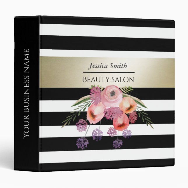 Classeur Aquarelle bouquet floral or noir blanc rayures (Devant/Côté)