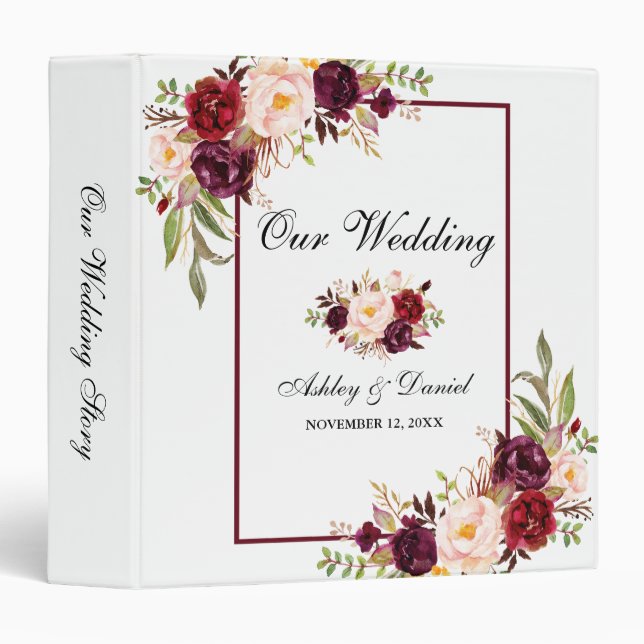 Classeur Aquarelle Bourgogne Mariage Floral (Devant/Côté)