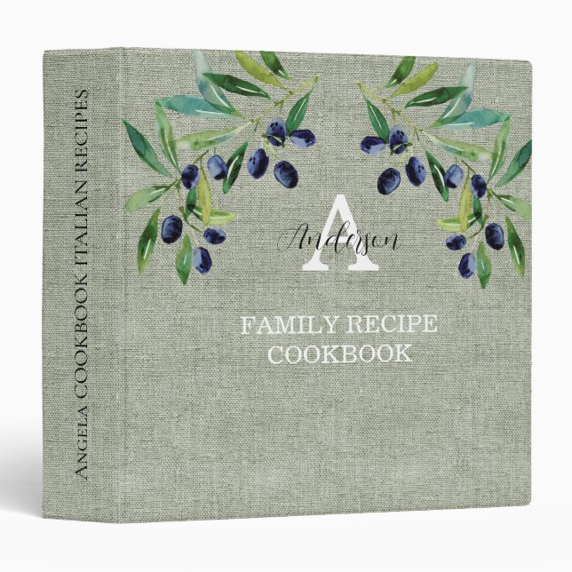 Classeur Aquarelle burlap olive Recette livre de recettes (Devant/Côté)