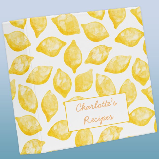 Classeur Aquarelle Citron Motif Recette personnalisée (Watercolor lemon citrus personalized custom text binder)