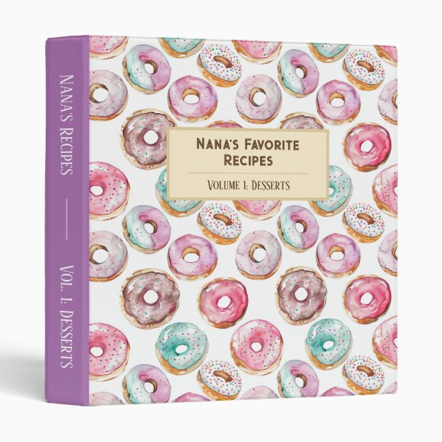 Classeur Aquarelle colorée Donuts Recette personnalisée (Devant/Côté)