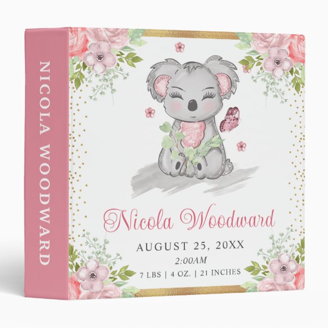 Classeur Aquarelle Cute Floral Koala Baby Stats de naissanc (Devant/Côté)
