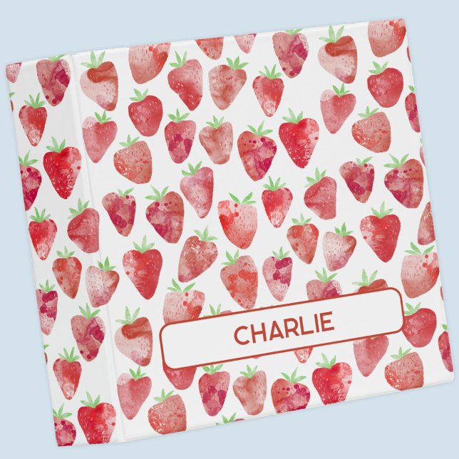 Classeur Aquarelle de fraise personnalisée (Strawberry watercolor pattern personalized name 3 ring binder)