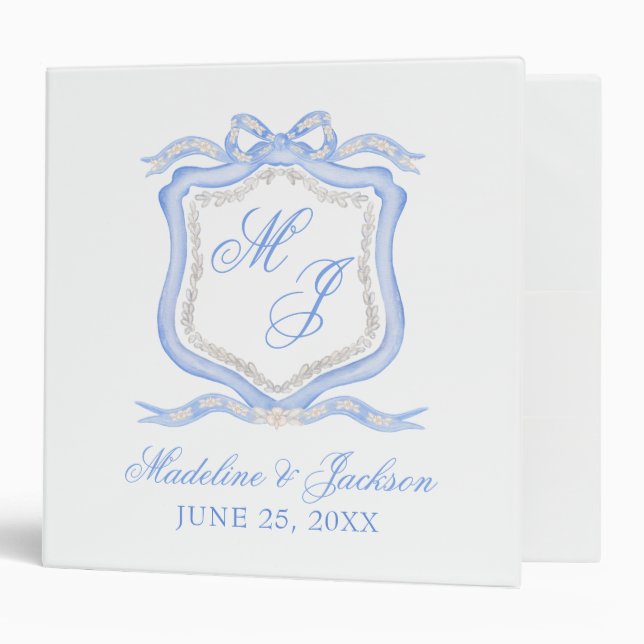 Classeur Aquarelle Designer Blue Monogram Crest Mariage (Devant/intérieur)