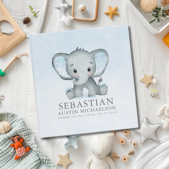 Classeur Aquarelle Eléphante mignonne Bébé Garçon Album pho (Cute Elephant Watercolor Baby Boy Photo Album 3 Ring Binder)