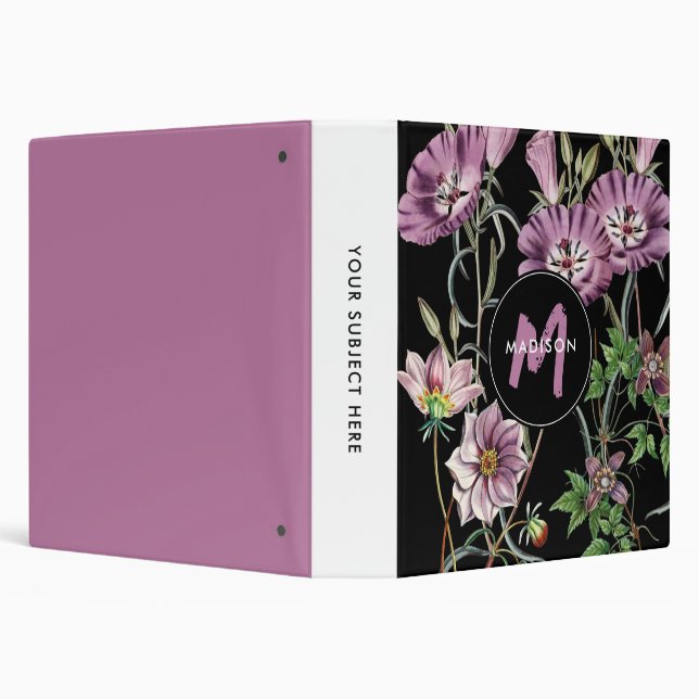 Classeur Aquarelle Fleur sauvage noir violet monogramme (Arrière-plan)