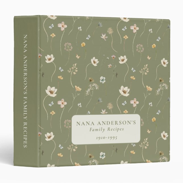 Classeur Aquarelle Fleur sauvage Sage Green Recette (Devant/Côté)
