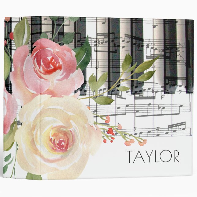 Classeur aquarelle fleurs musique piano (Devant/Côté)