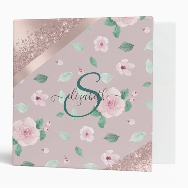 Classeur Aquarelle Fleurs Rose or Monogramme (Devant/intérieur)