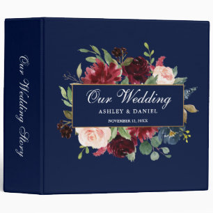Classeur Aquarelle Floral Bourgogne Bleu Mariage cadre or