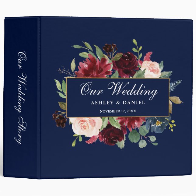 Classeur Aquarelle Floral Bourgogne Bleu Mariage cadre or (Devant/Côté)