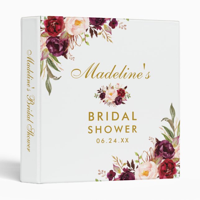 Classeur Aquarelle Floral Bourgogne Gold Fête des mariées (Devant/Côté)