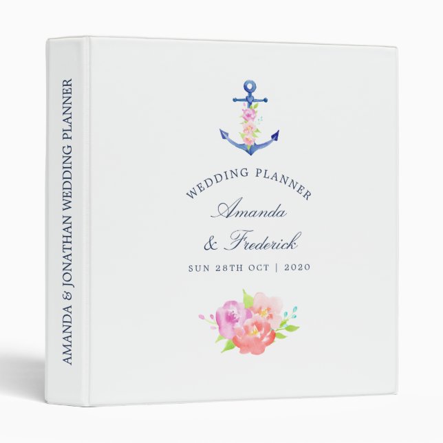 Classeur Aquarelle Floral Mariage nautique (Devant/Côté)
