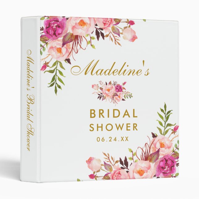Classeur Aquarelle Floral Rose Blush Gold Fête des mariées (Devant/Côté)