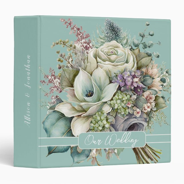 Classeur Aquarelle Floral Wedding planner vert (Devant/Côté)