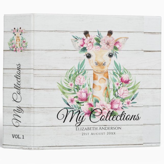 Classeur Aquarelle GIRAFFE Boho Fleurs roses Filles Nommées (Devant/Côté)