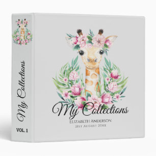 Classeur Aquarelle GIRAFFE Boho Fleurs roses Filles Nommées