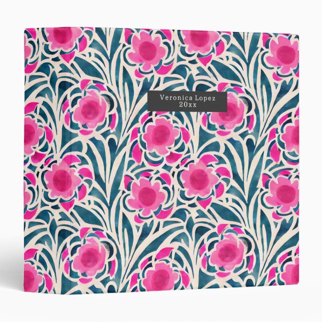 Classeur Aquarelle inspirée rose + bleu Botanique Floral P (Devant/Côté)