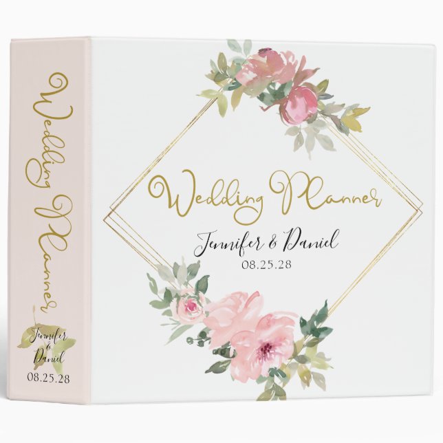 Classeur Aquarelle Lush Blush rose Wedding planner Floral (Devant/Côté)