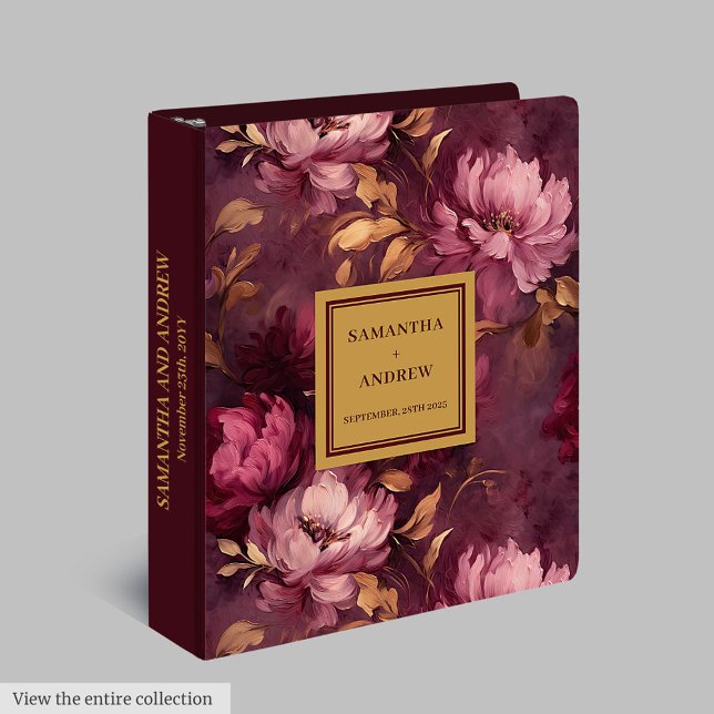 Classeur Aquarelle magenta bourgogne fleurs or mariage (Watercolor magenta burgundy gold flowers wedding 3 ring binder)