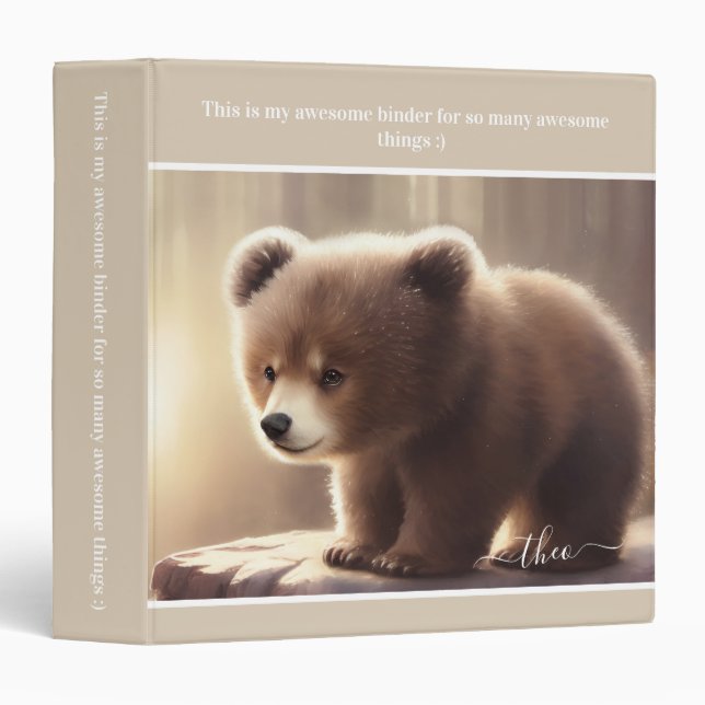 Classeur Aquarelle mignonne Bébé Ours Nom du bébé Bois Brow (Devant/Côté)
