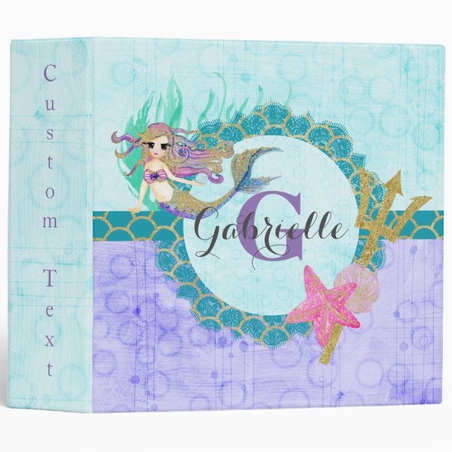 Classeur Aquarelle mignonne de sirène Monogramme Turquoise  (Devant/Côté)