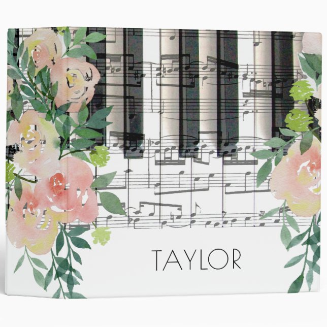 Classeur aquarelle musique florale piano notes de clavier (Devant/Côté)