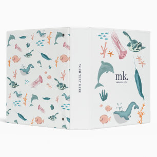 Classeur Aquarelle Océan Animaux de mer Monogramme