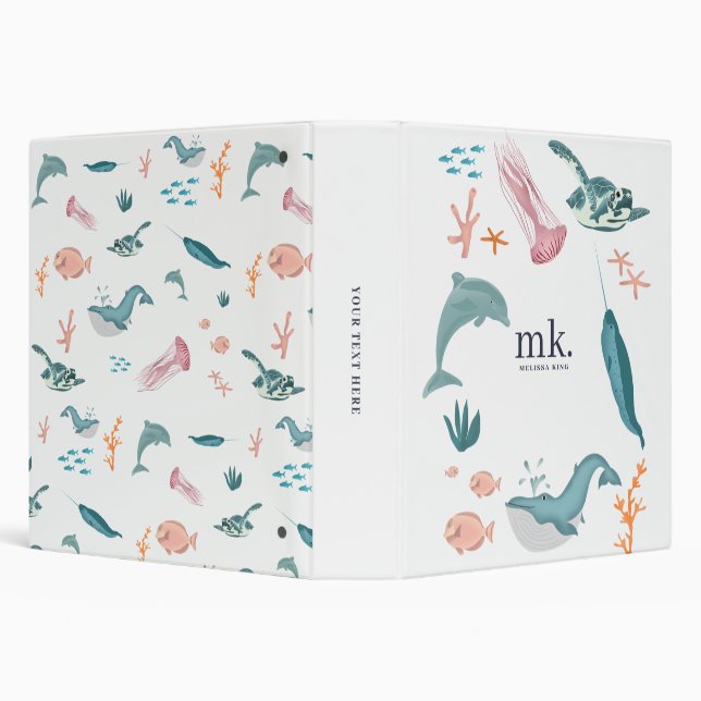 Classeur Aquarelle Océan Animaux de mer Monogramme (Arrière-plan)
