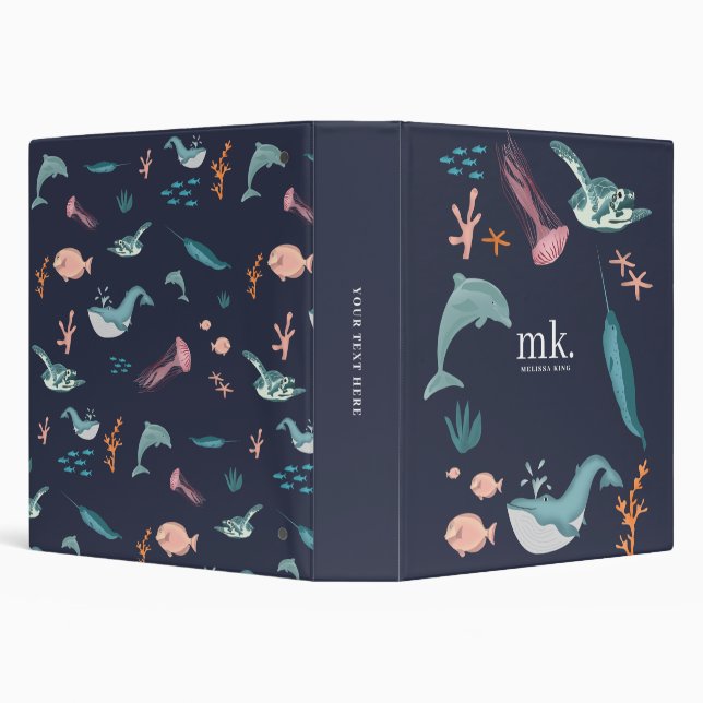 Classeur Aquarelle Océan Animaux marins Monogramme Bleu (Arrière-plan)