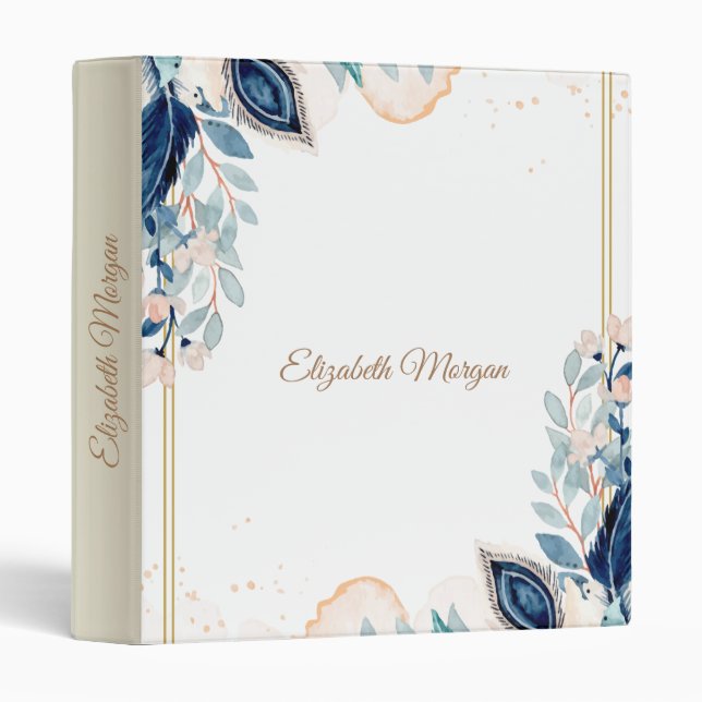 Classeur Aquarelle Paon Floral  (Devant/Côté)