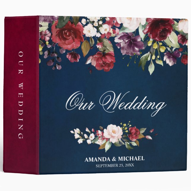 Classeur Aquarelle romantique Bourgogne Rouge Marine Rose F (Devant/Côté)