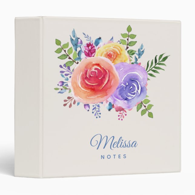 Classeur Aquarelle Rose colorée Florale (Devant/Côté)