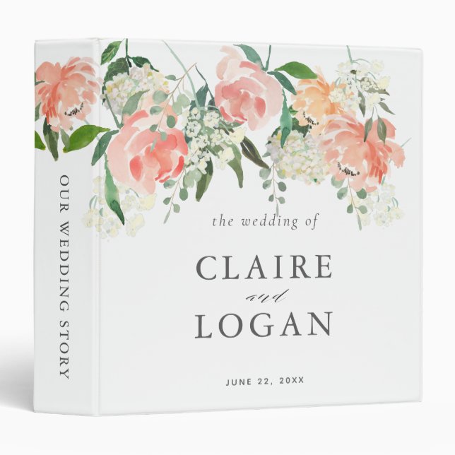 Classeur Aquarelle Rose de pêche Floral Mariage Album photo (Devant/Côté)