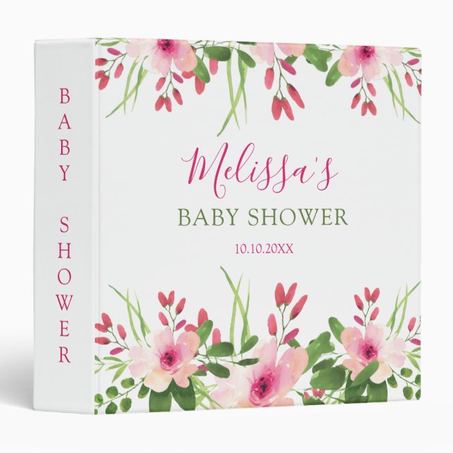 Classeur Aquarelle rose Floral Baby shower Botanique Album (Devant/Côté)