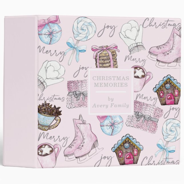 Classeur Aquarelle rose souvenirs de Noël (Devant/Côté)