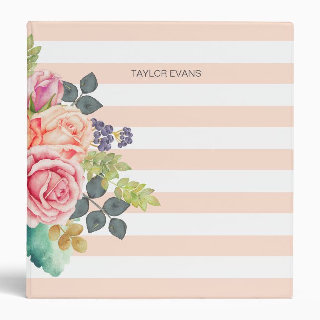 Classeur Aquarelle Roses floraux sur Peach Stripes Motif (Devant)