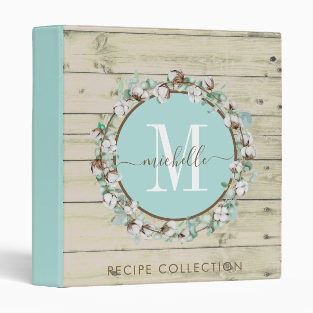 Classeur Aquarelle rustique Monogramme Wreath Kitchen Recet (Devant/Côté)