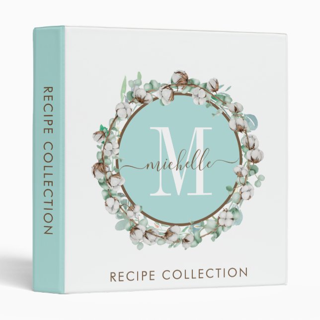 Classeur Aquarelle rustique Monogramme Wreath Kitchen Recet (Devant/Côté)